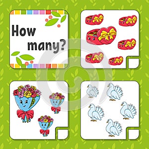 Counting game for children. Happy characters. Learning mathematics. How many object in the picture. Education worksheet. With