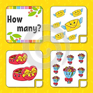 Counting game for children. Happy characters. Learning mathematics. How many object in the picture. Education worksheet. With