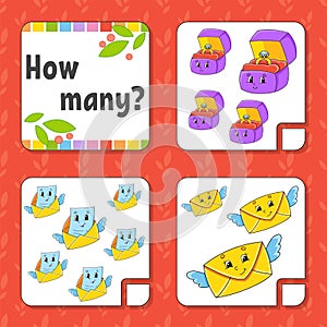 Counting game for children. Happy characters. Learning mathematics. How many object in the picture. Education worksheet. With