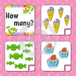 Counting game for children. Happy characters. Learning mathematics. How many object in the picture. Education worksheet. With