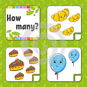 Counting game for children. Happy characters. Learning mathematics. How many object in the picture. Education worksheet. With