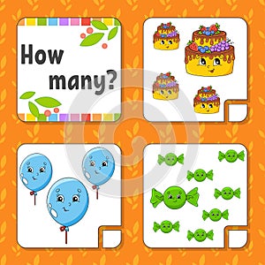 Counting game for children. Happy characters. Learning mathematics. How many object in the picture. Education worksheet. With