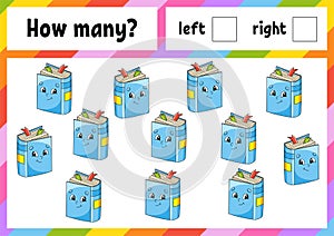 Counting game for children. Happy characters. Learning mathematics. How many object in the picture. Education worksheet. With