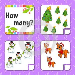 Counting game for children. Happy characters. Learning mathematics. How many object in the picture. Education worksheet. Christmas