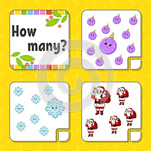 Counting game for children. Happy characters. Learning mathematics. How many object in the picture. Education worksheet. Christmas