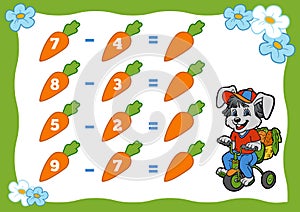 Counting Game for Children. Subtraction worksheets. Rabbit