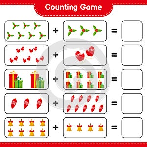 Counting game, count the number of christmas decoration and write the result. Educational children game, printable worksheet