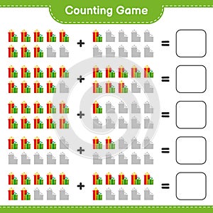 Counting game, count the number of Gift Boxes and write the result. Educational children game, printable worksheet