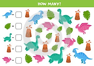 Counting game with cute cartoon dinosaurs. Math worksheet. photo
