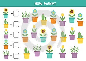 Counting game with cute cartoon flowerpots. Math worksheet