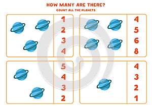 Counting game with cute cartoon planets of Uranus. Math worksheet.