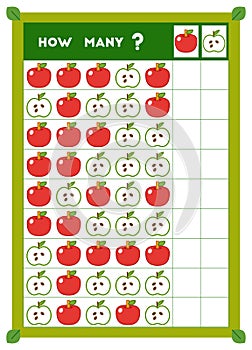 Counting game, educational game for children. Count how many Apples in each row