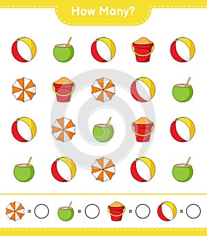 Counting game, how many Beach Ball, Coconut, Beach Umbrella, and Sand Bucket. Educational children game, printable worksheet,