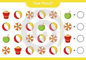 Counting game, how many Beach Ball, Coconut, Beach Umbrella, and Sand Bucket. Educational children game, printable worksheet,