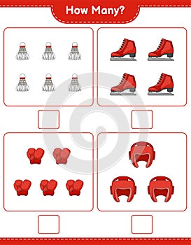 Counting game, how many Boxing Gloves, Shuttlecock, Boxing Helmet, and Ice Skates. Educational children game, printable worksheet