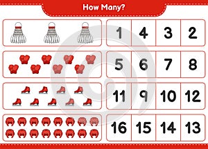 Counting game, how many Boxing Gloves, Shuttlecock, Boxing Helmet, and Ice Skates. Educational children game, printable worksheet