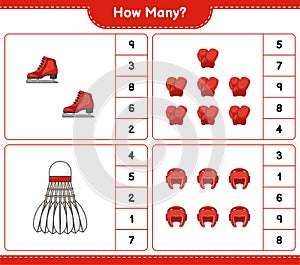 Counting game, how many Boxing Gloves, Shuttlecock, Boxing Helmet, and Ice Skates. Educational children game, printable worksheet