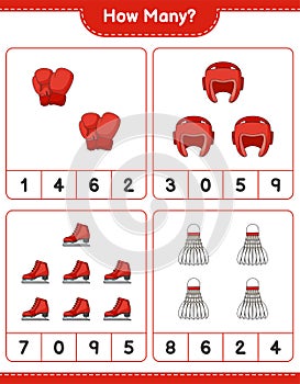 Counting game, how many Boxing Gloves, Shuttlecock, Boxing Helmet, and Ice Skates. Educational children game, printable worksheet