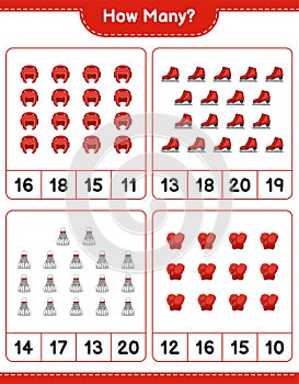 Counting game, how many Boxing Gloves, Shuttlecock, Boxing Helmet, and Ice Skates. Educational children game, printable worksheet