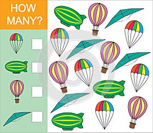 Counting game how many object of air transport for preschool children. Learning numbers, mathematics. Vector illustration.