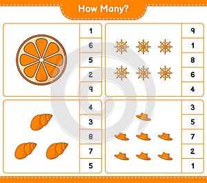 Counting game, how many Orange, Ship Steering Wheel, Sea Shells, and Hat. Educational children game, printable worksheet, vector photo