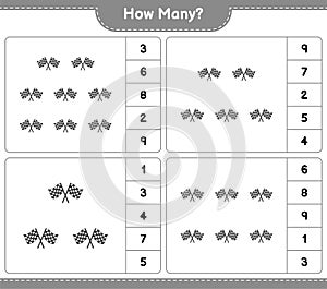 Counting game, how many Racing Flags. Educational children game, printable worksheet, vector illustration