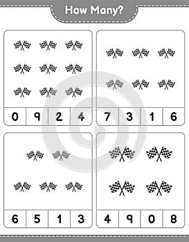 Counting game, how many Racing Flags. Educational children game, printable worksheet, vector illustration