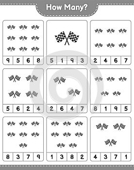 Counting game, how many Racing Flags. Educational children game, printable worksheet, vector illustration