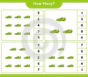 Counting game, how many Soccer Shoes. Educational children game, printable worksheet, vector illustration