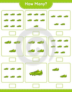 Counting game, how many Soccer Shoes. Educational children game, printable worksheet, vector illustration