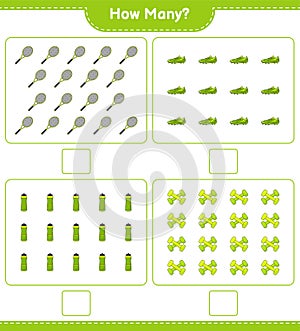 Counting game, how many Water Bottle, Tennis Racket, Soccer Shoes and Dumbbell. Educational children game, printable worksheet,