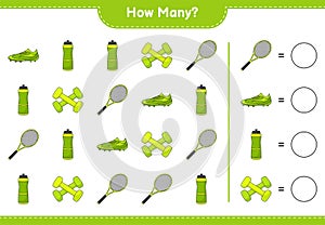 Counting game, how many Water Bottle, Tennis Racket, Soccer Shoes and Dumbbell. Educational children game, printable worksheet,