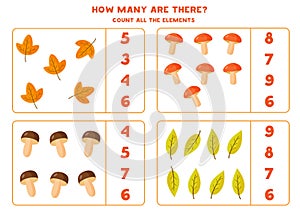 Counting game for kids with autumn leaves and mushrooms.