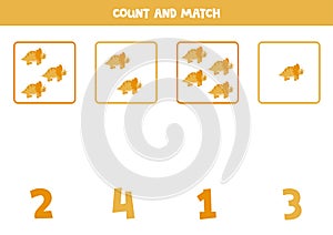 Counting game for kids. Count all triceraptors and match with numbers. Worksheet for children