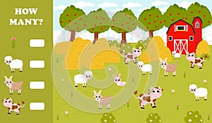 Counting game for kids with farm animals - sheeps and cows, goats and flowers, barn and haystacks in cartoon style