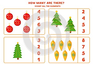 Counting game for kids. Math worksheet with Christmas balls and trees