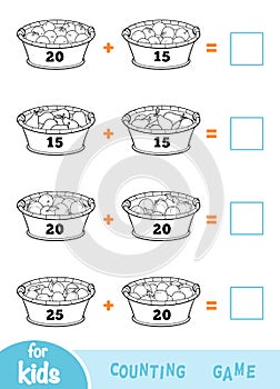 Counting Game for Preschool Children. Addition black and white worksheets. Fruit baskets