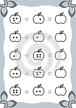 Counting Game for Preschool Children. Addition worksheets with apples