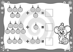 Counting Game for Preschool Children. Addition worksheets. Christmas toys. Count the balls in the picture and write the result