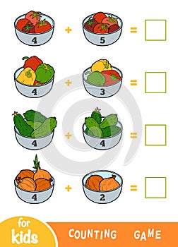Counting Game for Preschool Children. Addition worksheets. Vegetable bowls photo