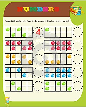 Counting Game for Preschool Children. Educational a mathematical game. Count the items in the picture and choose the right answer. photo