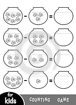 Counting Game for Preschool Children. Educational a mathematical game. Count the number of fish in aquariums and write the result