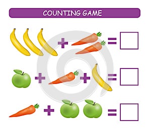 Counting game for preschool children. Educational a mathematical game. Ð¡ount how many fruits and vegetables in each row and write