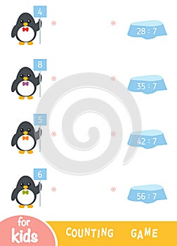 Counting Game for Preschool Children. Educational a mathematical game. Penguins and ice floes