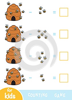 Counting Game for Preschool Children. Subtraction worksheets. Bees and Hives photo