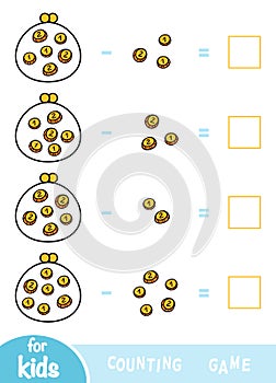 Counting Game for Preschool Children. Subtraction worksheets. How much money in wallets