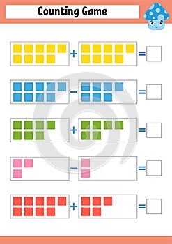 Counting game for preschoolers. Educational mathematical game on addition and subtraction. Active worksheet for kids. Bright vecto