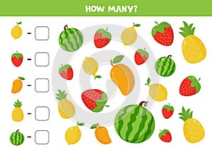 Counting game with vector fruits and berries. Colorful worksheet.