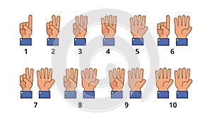 Counting hand. Countdown gestures, language number flat signs isolated