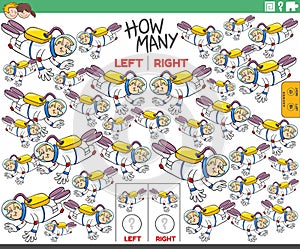 counting left and right pictures of cartoon spaceman character